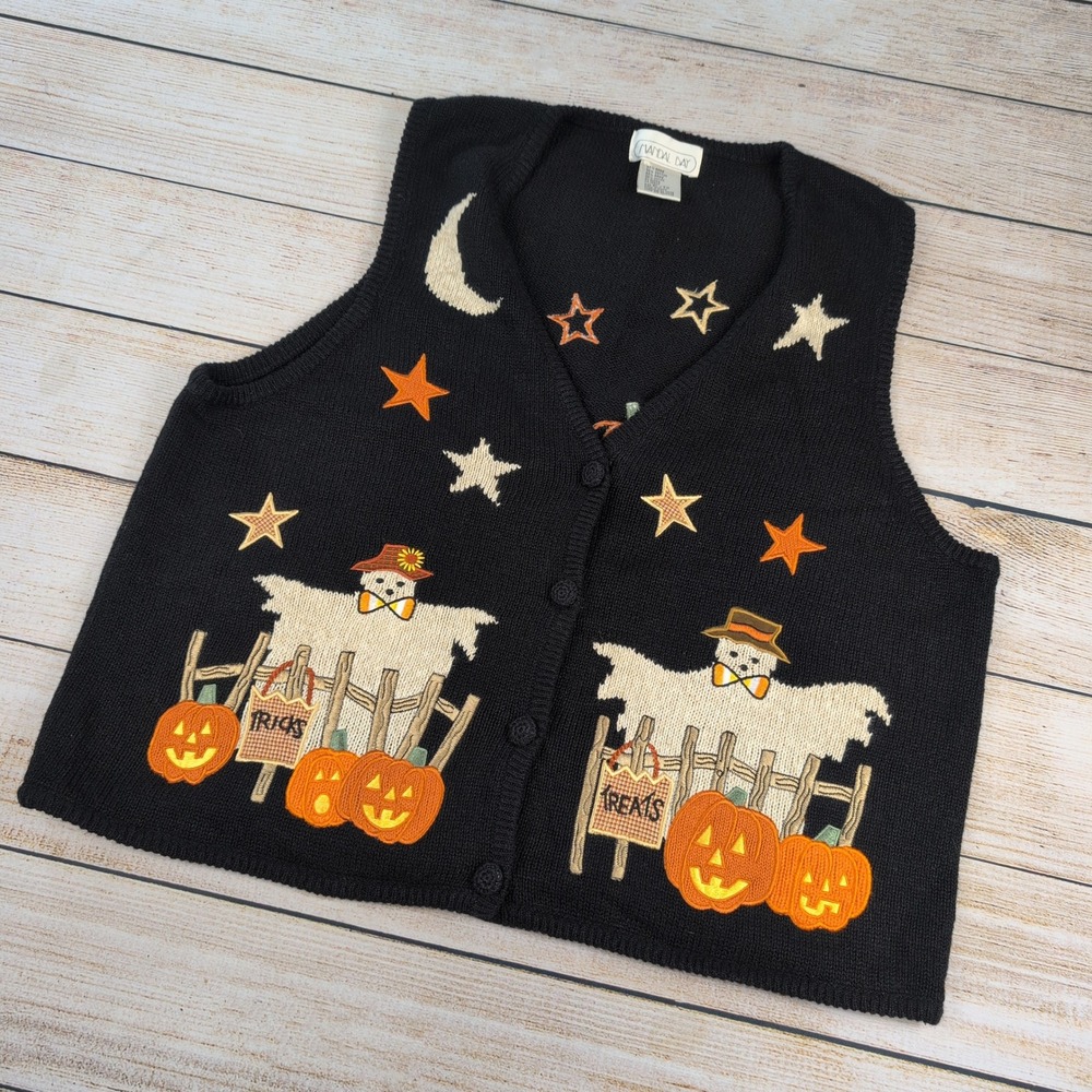 Mandal Bay Halloween Ghost Pumpkin Fall Sweater Vest Black XL Vintage